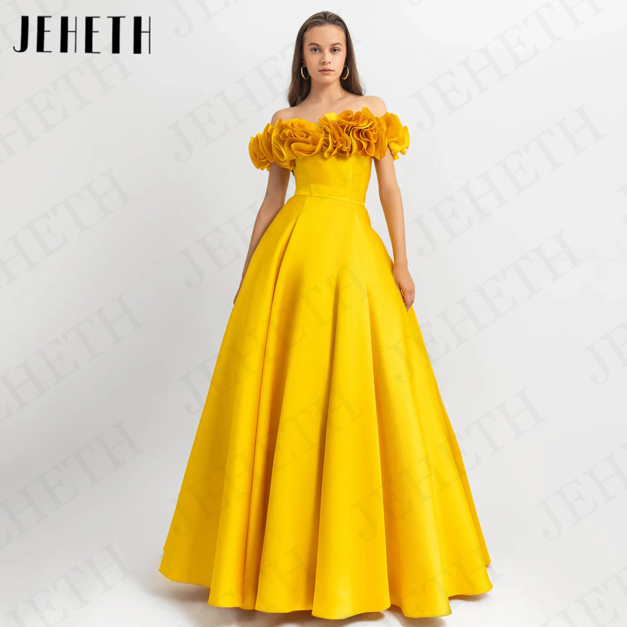 

JEHETH Gold A Line Prom Dress Satin Floor Length فساتين سهرة سعودي 2024 Simple Off Shoulder Celebrity Dresses Open Back Woman