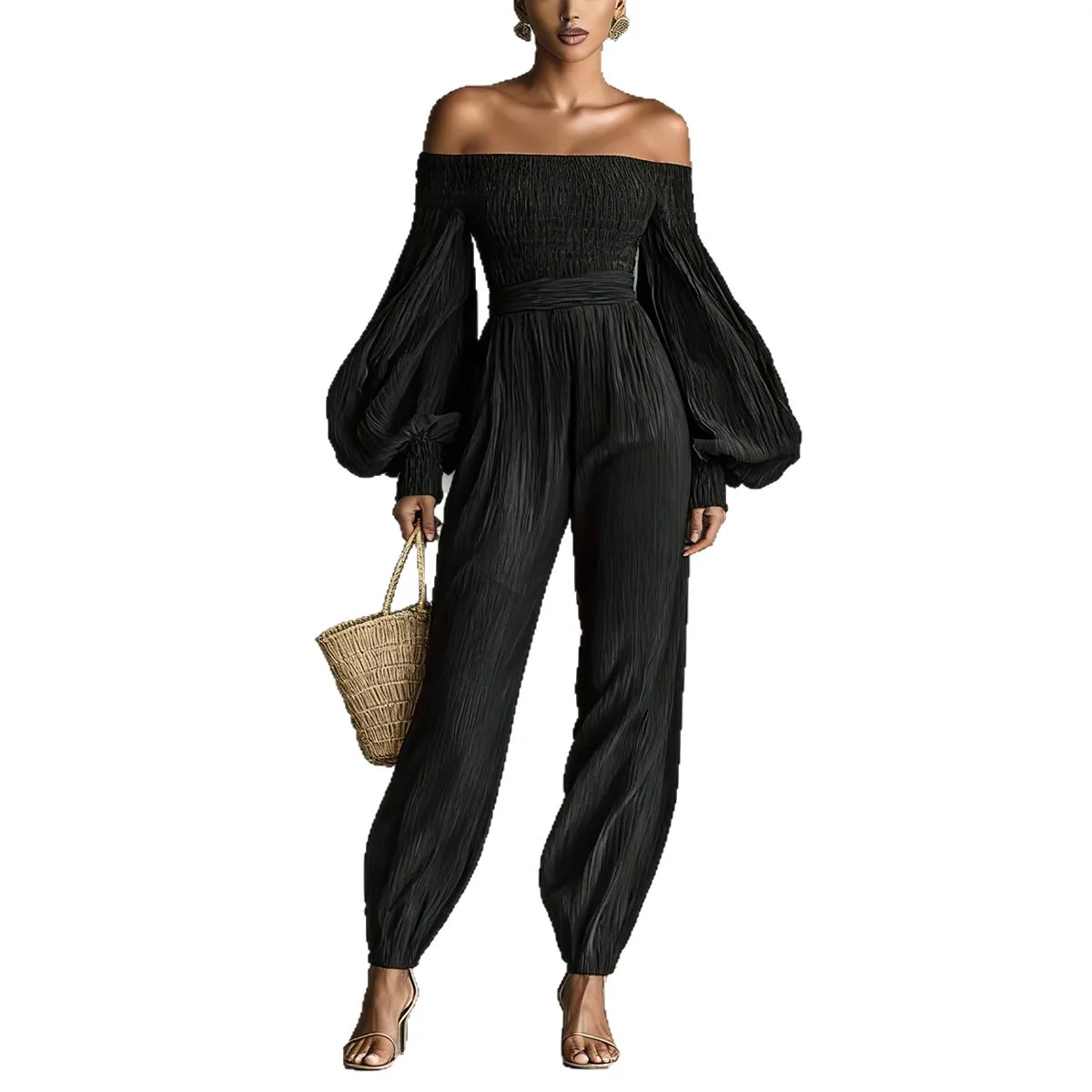 

Модный хлопковый комбинезон с эластичной талией для женщин, минималистичный однотонный комбинезон с открытыми плечами, повседневный комбинезон с широкими штанинами, длинные брюки-комбинезон