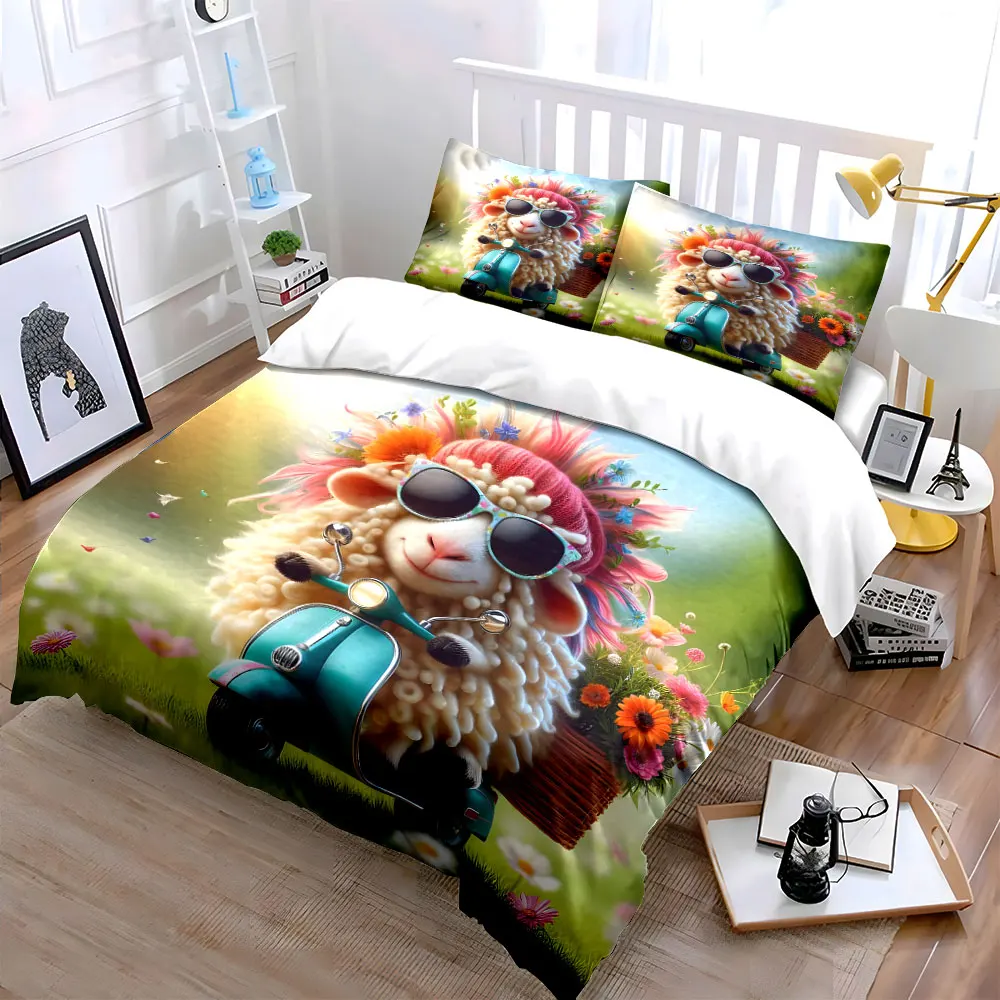 Floral-decorated sheep riding scooter Pattern Duvet Cover Set Digital Print Colorful Polyester Bedding with Zipper Closur