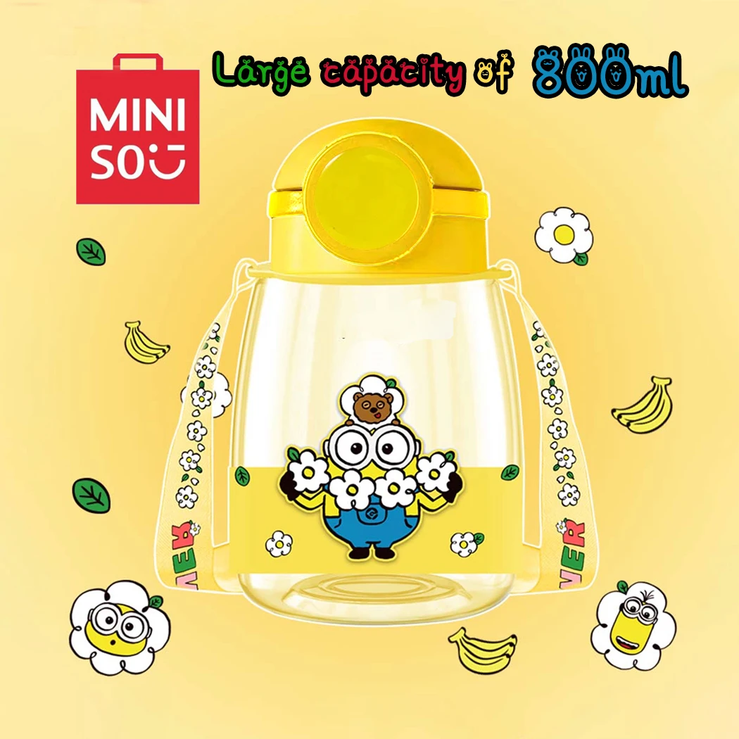 MINISO Minions Water Bottle with Straw 800ML Large Cute Kawaii Water Bottle with Strap Portable Leakproof Sports Water Bottle