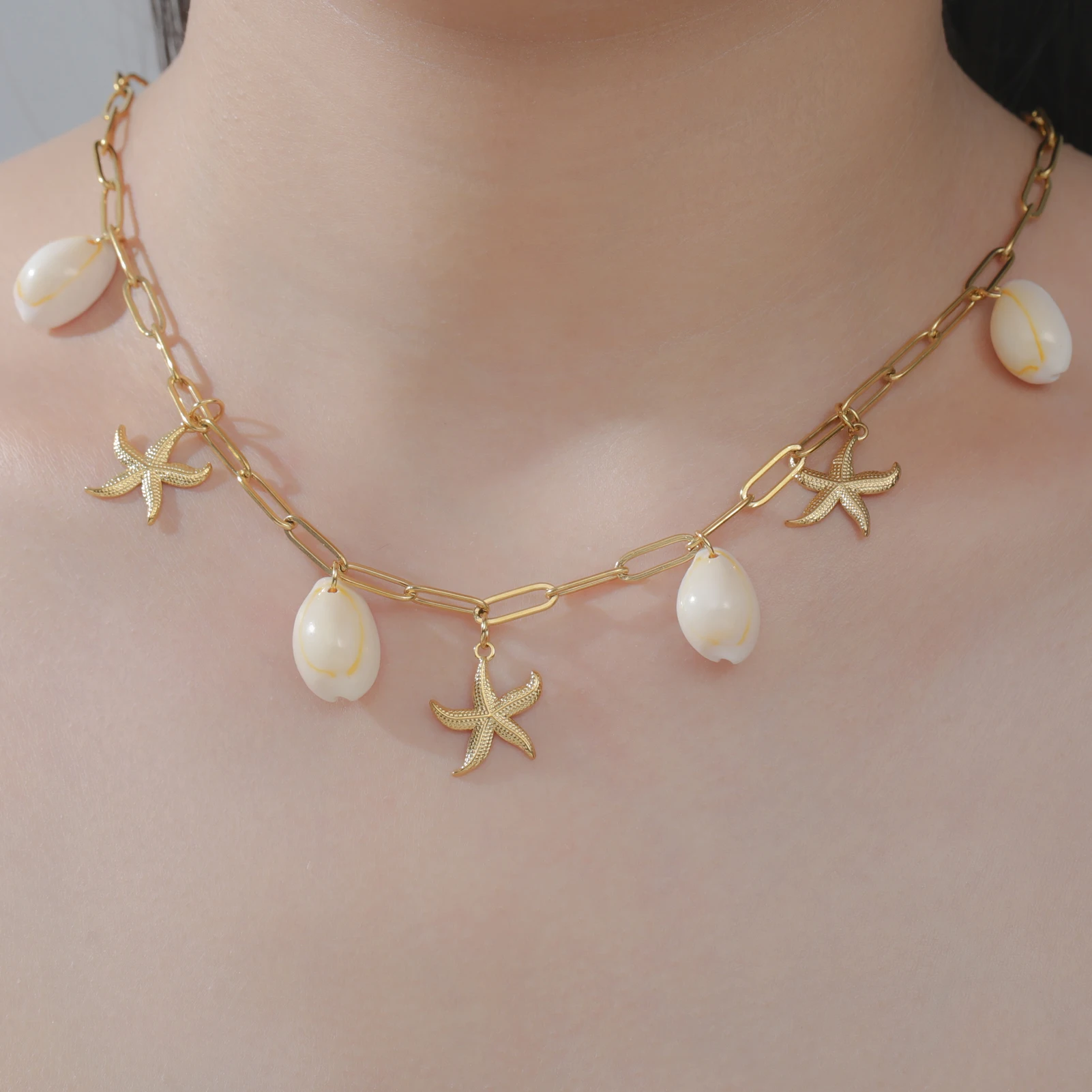 Unift الفولاذ المقاوم للصدأ البحر ستار محارة قلادة قلادة مطلية بالذهب سلسلة الترقوة العصرية عنصر المحيط قلادة مجوهرات هدايا