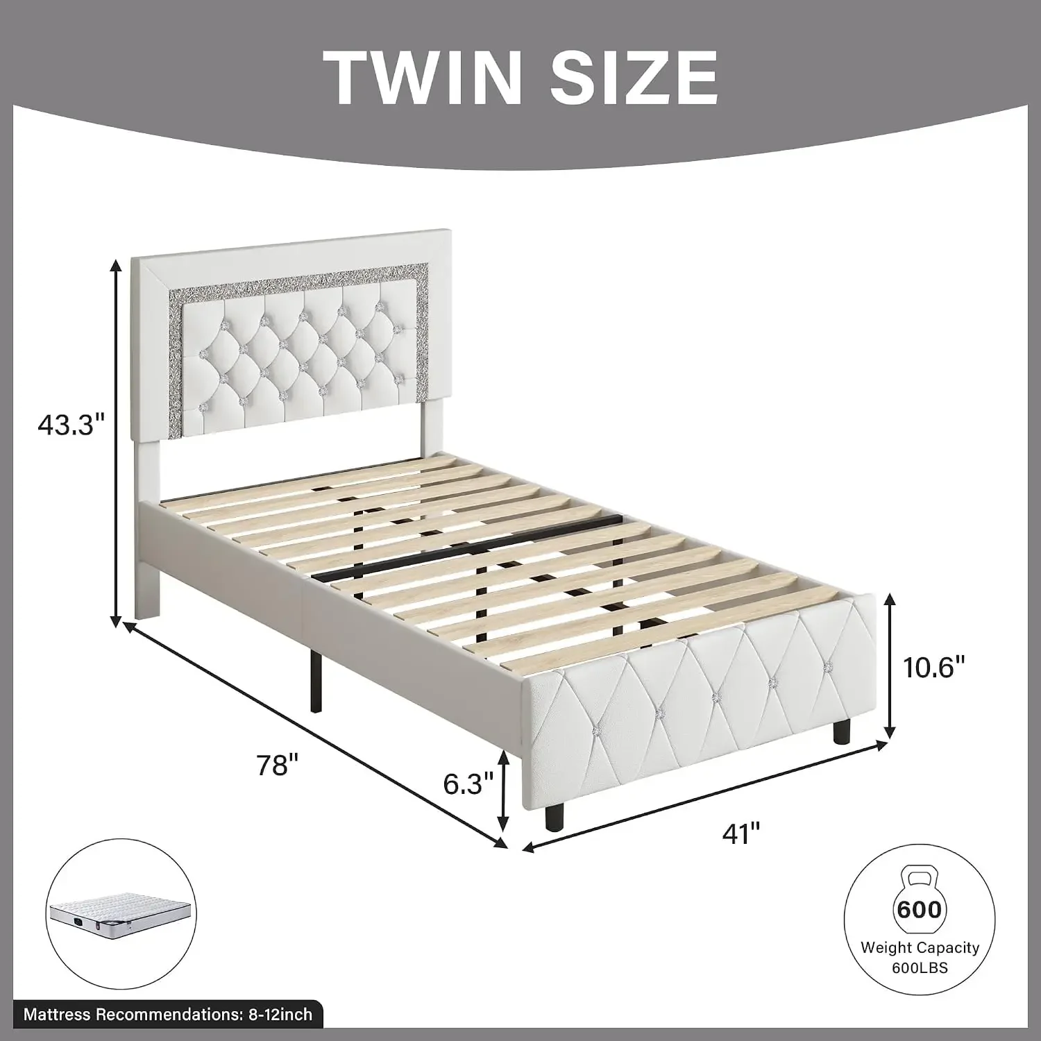 USA Stock Twin Size Bed Frames, Upholstered Bed With Diamond Headboard, White | Faux Leather Bed With Diamond Tufted Design, Pri