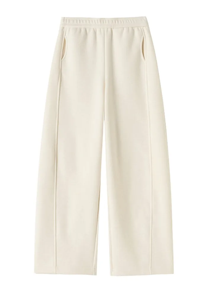 Spodnie damskie z szerokimi nogawkami, jesienno-zimowe, ocieplane, z wysokim stanem, proste, codzienne, zwiewne, typu knife, dresowe.