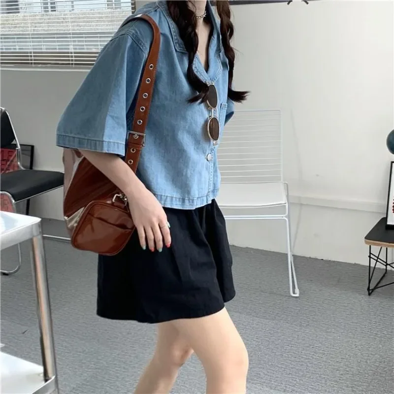 Denim Shirts Women Preppy Style Solid Lovely Fashion Vintage Short Sleeve High Street Retro Basic Femme Popular Student Summer