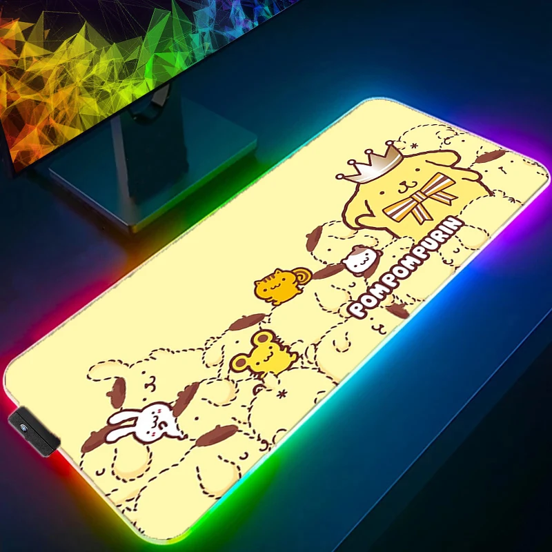 Imagem -03 - Rgb Led Mouse Pad com Padrão Pom Pom Purin Borda de Bloqueio Mousepad Tapete de Borracha Mesa Cup Mat Kawaii Sanrio Computador Gaming Teclado