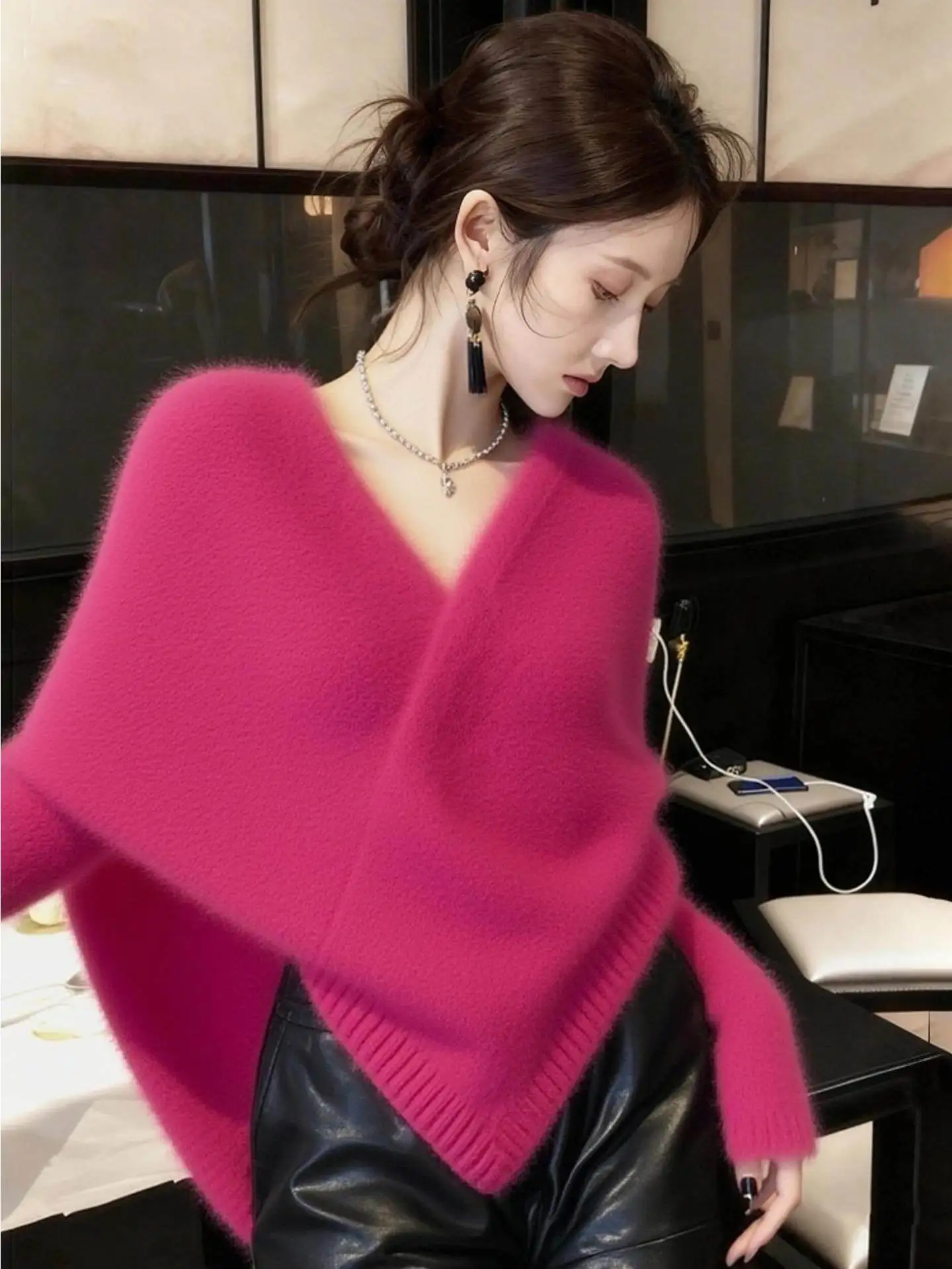 

Pink Knitted Asymmetrical Sweater And Leather Shorts Two-Piece Set Women's Fashion Design Korean Style Online Exclusive 2025 ...