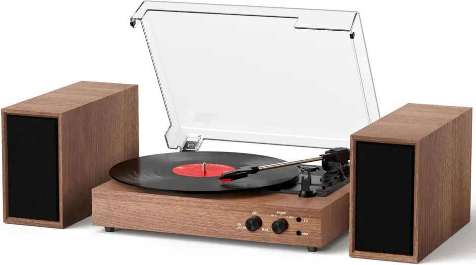 Vintage Bluetooth Turntable with USB Recording and Speakers