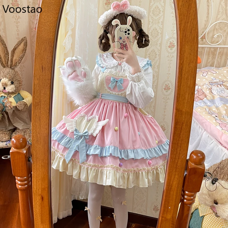 Japanese Kawaii Lolita Jsk Dress Women Sweet Cute Bow Love Hearts Wings Party Mini Dresses Girls Y2k Sleeveless Princess Dresses