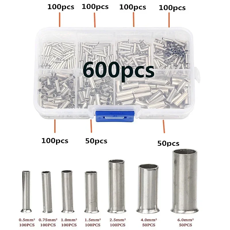 600/700 pces terminal nu virolas de extremidade de fio tubular tamanho misto mangas de cabo não isoladas simples para crimpagem