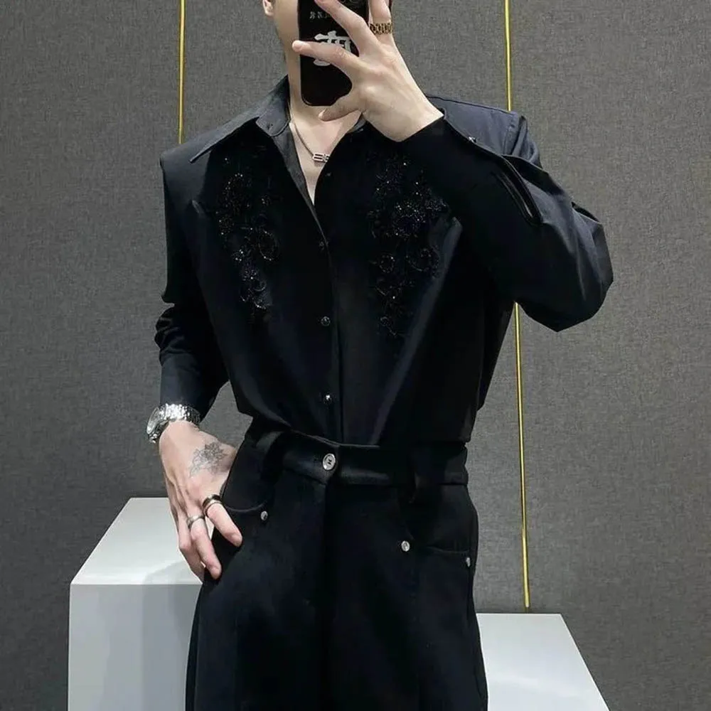 

Осенняя новая мужская рубашка с длинными рукавами и блестками, американский ретро-модный тренд, свободные повседневные дышащие нишевые мужские топы High Street