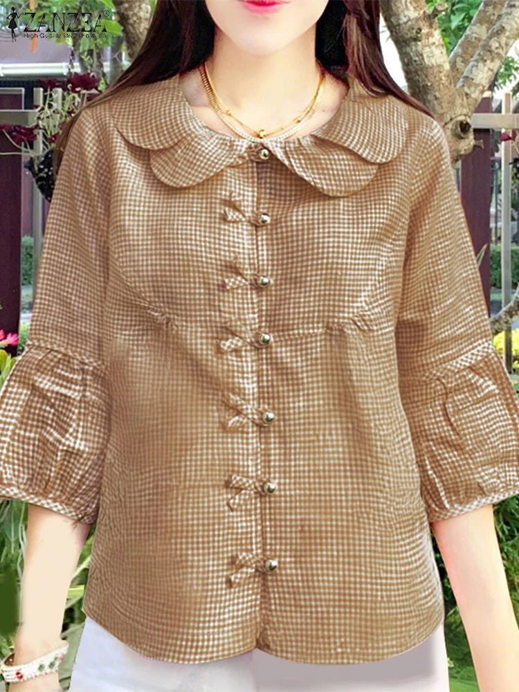 

ZANZEA Women Shirts Casual Print Plaid Tops 2025 Vintage Lapel Neck 3/4 Sleeve Tunic Loose Summer Bow Buttons Tops Oversized