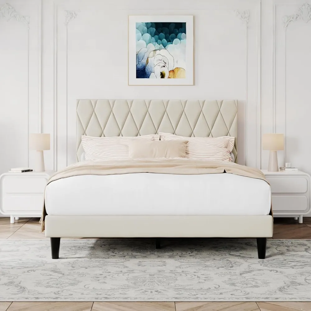 Full Platform Bed Frame with Storage Space, Fabric Upholstered Headboard, Fully Upholstered Mattress Foundation, No Box Spring N
