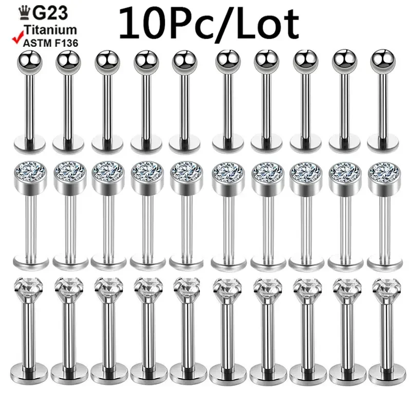 

G23 Ttianium 5Pc/10Pc CZ Stone Labret Ear Lip Stud Jewelry Square Cartilage Tragus Studs Earring Tongue Threaded Body Jewelry