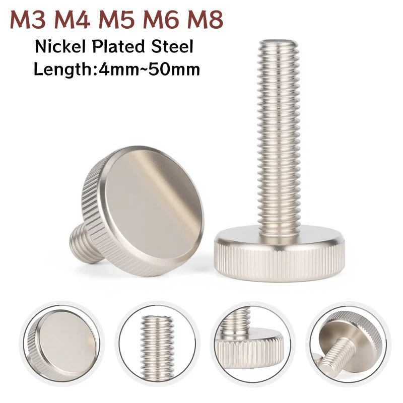 

M3 M4 M5 M6 M8 Nickel Plated Knurl Flat Big Round Head Hand Tighten Decorative Thumb Screw Adjusting Bolt DIN653 GB835