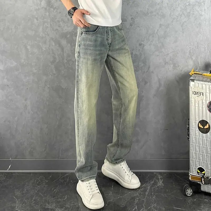 2024 Summer Men's Washed Jeans Blue Trendy Men's Long Pants Slightly Wide Mid-waist Elastic Straight Casual Pants Low Rise Jeans