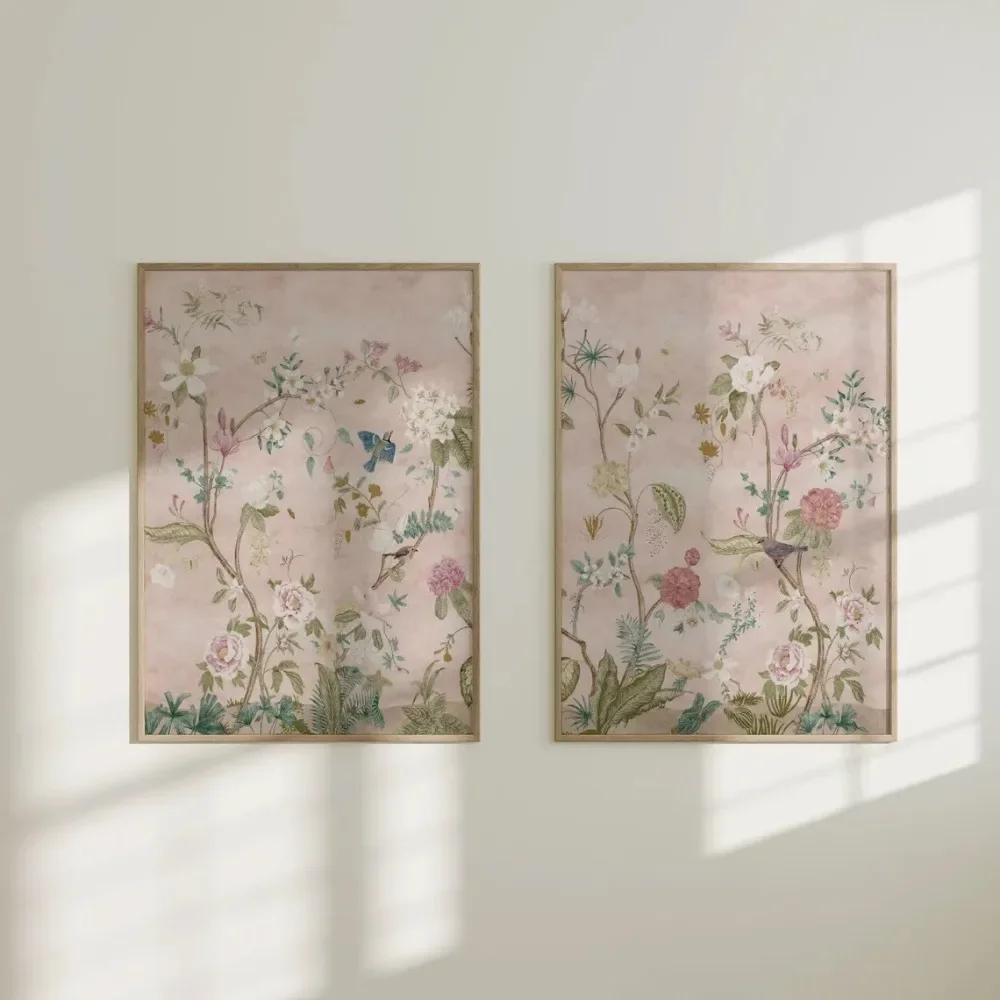 2pcs frameless Canvas Painting 2D Flat, Fashionable Poster, Pink Chinese Pattern with Birds and Flowers, Ideal Living Room Decor