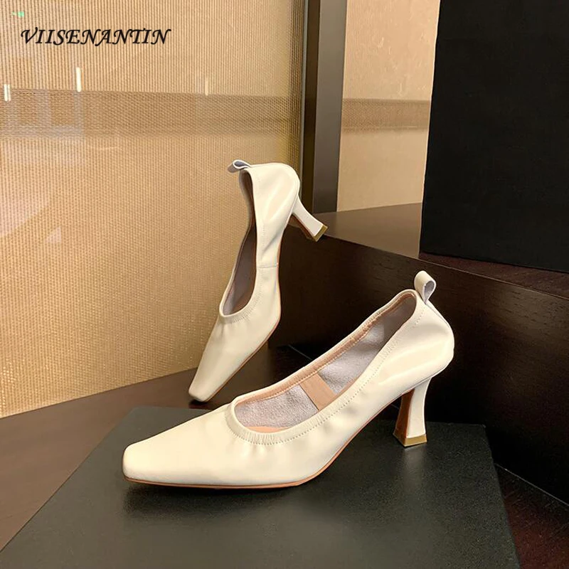 

Korean Styles Sliver Square Toe High Heel Shoes Women Pumps 2024 New Fashion Genuine Leather Shallow Mouth Grandma Single Shoes