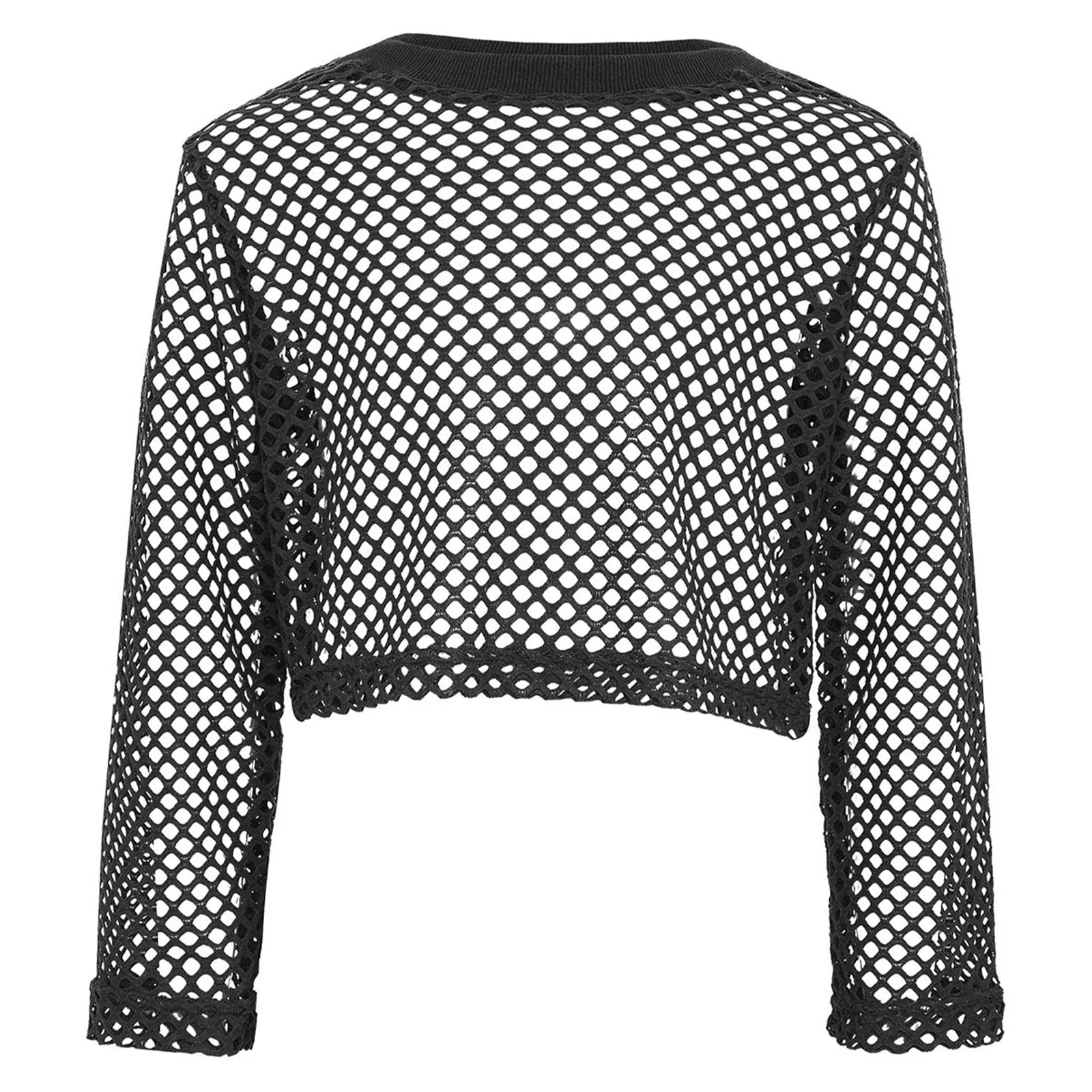 Kids Girls Hollow Out See-Through Fishnet T-Shirt Round Neck Long Sleeve Ribbed Crop Top for Skateboarding Hip-Hop Streetwear