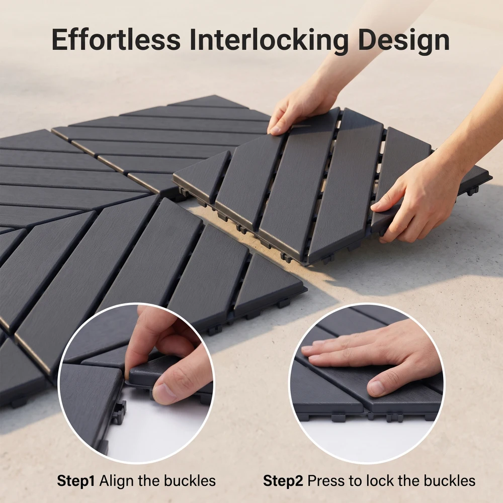 44 Pack 12"x12" Plastic Interlocking Deck Tiles, Waterproof Non-Slip Outdoor Patio Flooring, All Weather Drainable Snap Together Decking Tiles for Poolside Porch Garden Backyard view 7