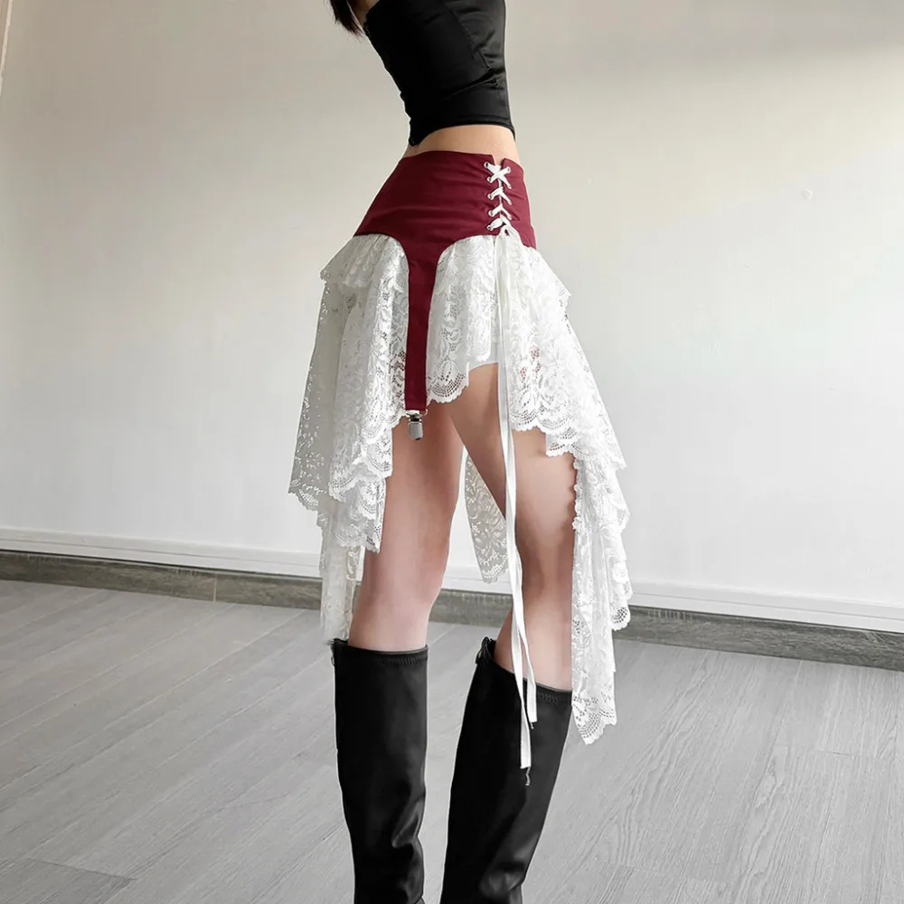 SylCue Contrast Patchwork Skirts Women High Waist Irregular Mesh Ribbon Street Fashion Sweet Style Elegant Skinny Mini Bottoms