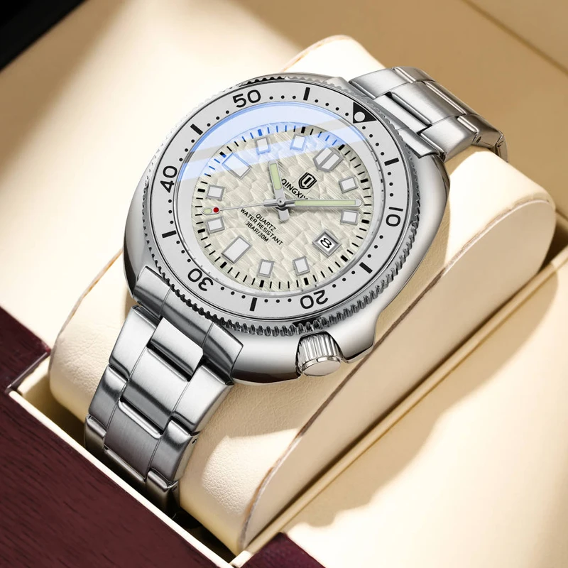 QINGXIYA Brand New Luxury Stainless Steel Quartz Watch for Men Waterproof Luminous Date Fashion Male Wristwatch Reloj Hombre