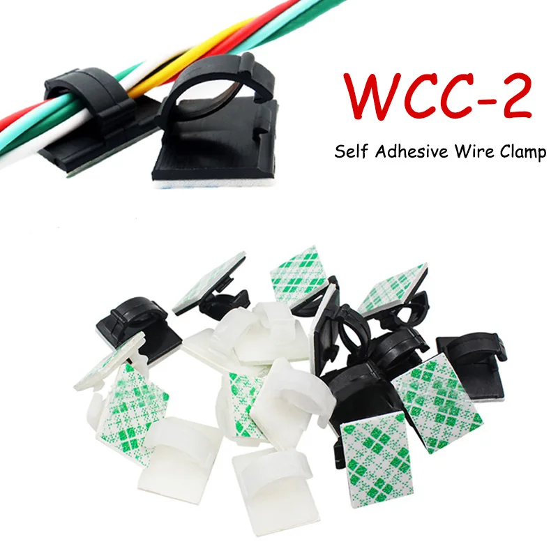 10pcs WCC-2 White/Black Self Adhesive Cable Wires Clamp Wiring Fixture Clip Wire Car Cable Clip Mounts Tie Office Cord Organizer