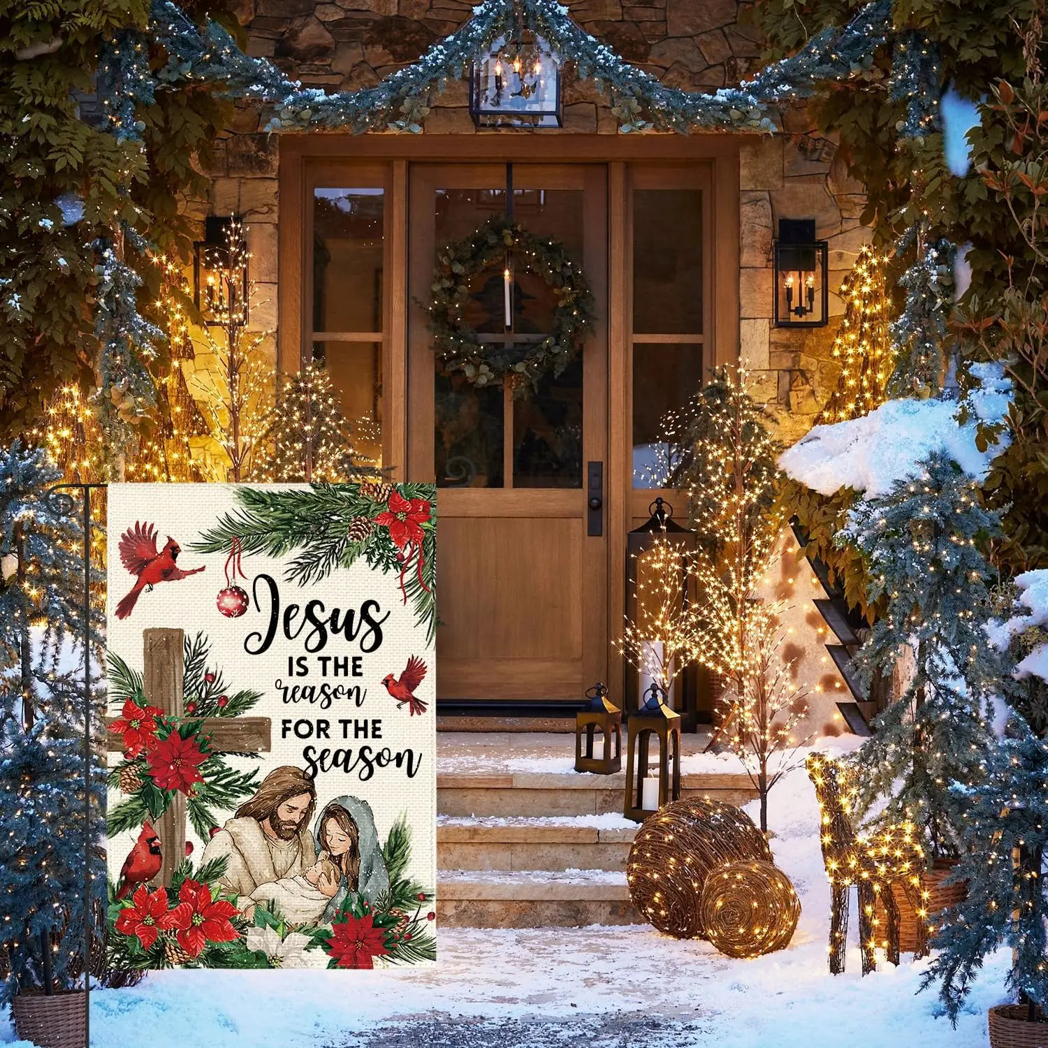 AVOIN colorlife يسوع هو سبب الموسم حديقة العلم 12x18 بوصة مزدوجة الجوانب في الخارج، عيد الميلاد المهد الشتاء Ho KZA