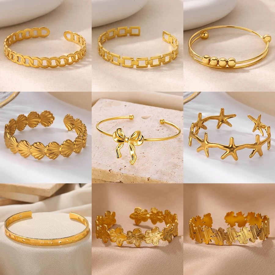 Bowknot Bangle Bracelet for Women Gold Color Stainless Steel Geometric Cuff Bangles Fashion Party Aesthetic Jewelry Gift