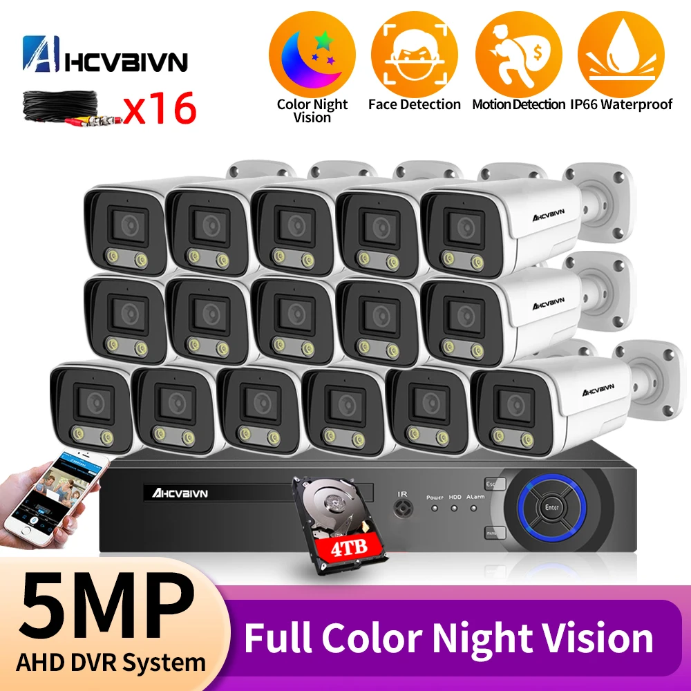 AHCVBIVN-Système de sécurité de caméra analogique 16CH, 6 en 1, AHD DVR, kit 5MP, étanche, pour l'extérieur, vision nocturne, BNC, XMeye P2P