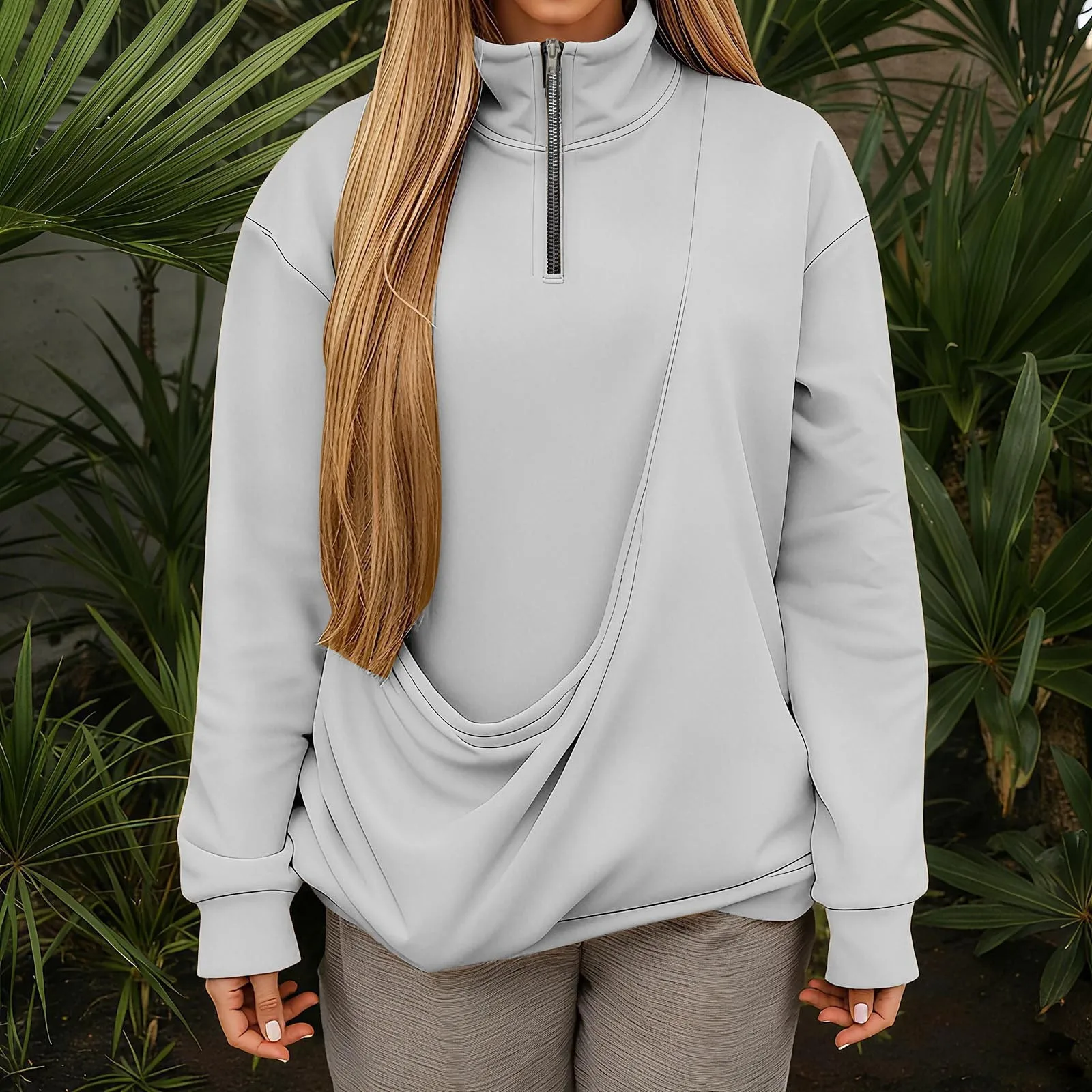 الخريف الشتاء المرأة عادية الياقة المدورة زمم البلوز مع حقيبة الحيوانات الأليفة الصلبة ColorCat & الكلب جيب حامل بلوزات رياضية #5