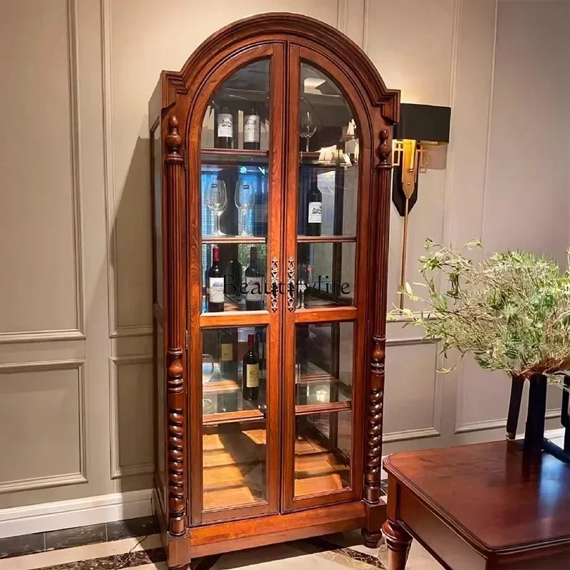 

3American-style Solid Wood European-style Retro Arched Home Living Room Wall-mounted Wine Cabinet Glass Cabinet