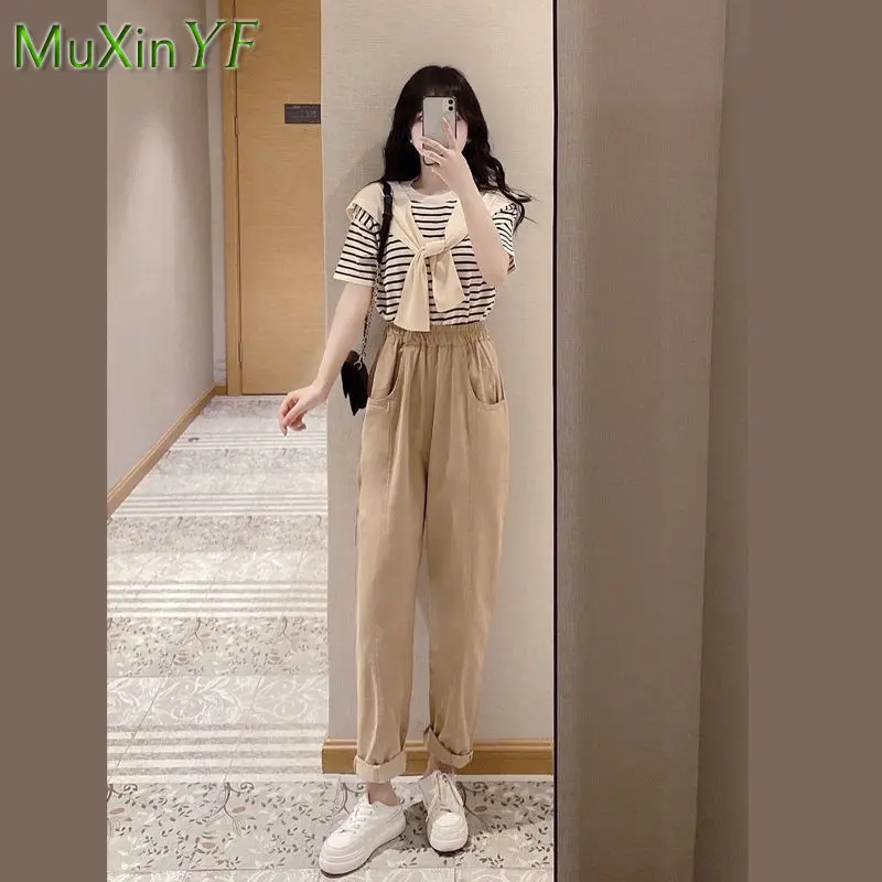 Women\'s Casual Shawl Top Pants Three Piece 2022 Summer New Striped T-Shirt Trousers Suit Female Korean Elegant Clothes Set