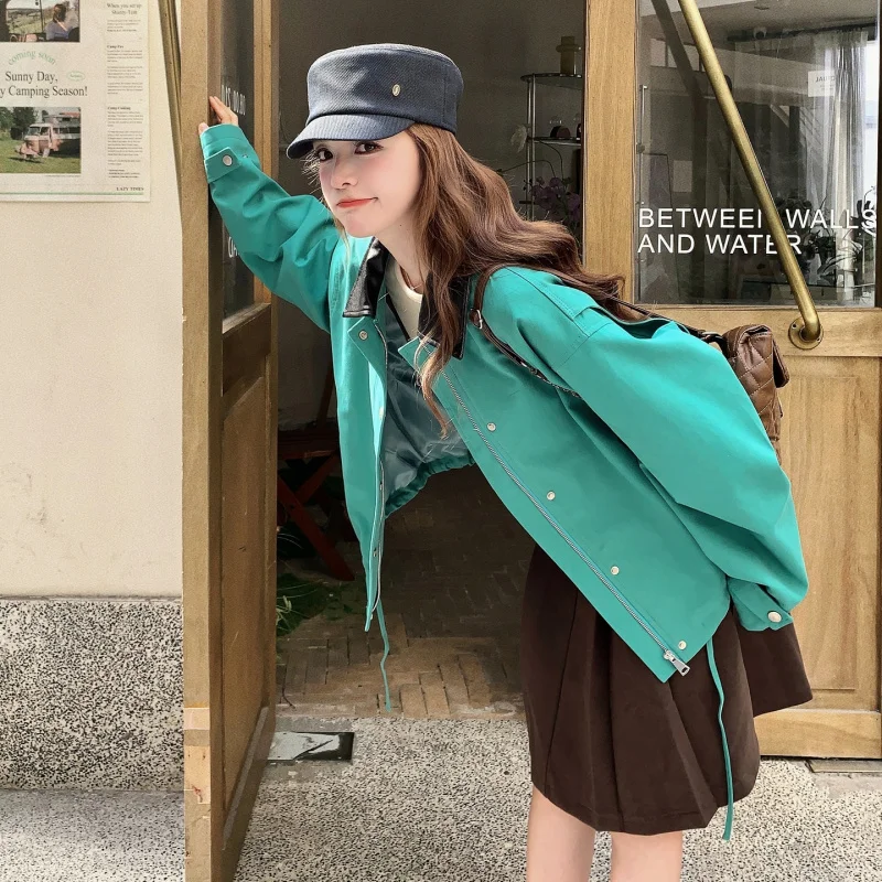 

【Vintage Color-Block Turn-Down Collar Light Green】Autumn New Loose Casual Jacket for Women Fashion Versatile Short Coat