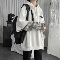 Fake Two Piece Plaid Patchwork Black White Oversize Harajuku Korean Fashion Casual 2022 Hoodie Long Sleeve Autumn Men Sweatshirt