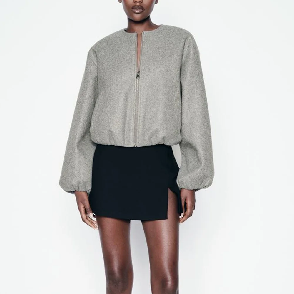 TWOTWINSTYLE Solid Temperament Jackets For Women Round Neck Long Sleeve Spliced Zipper Minimalist Coat Female Fashion New Style