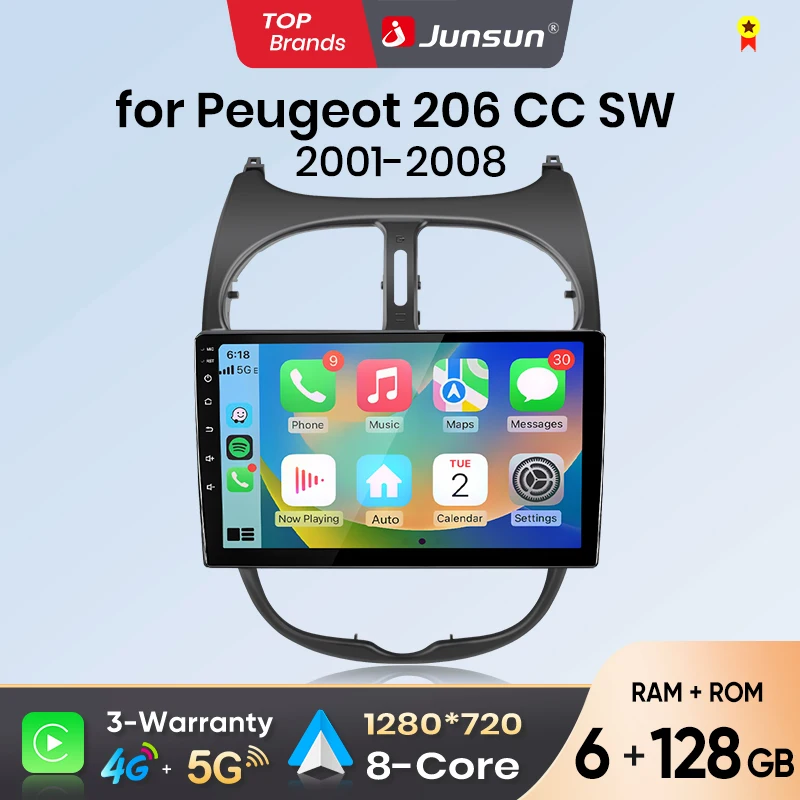 Autoradio Android Auto Junsun pour Peugeot 206 206CC 206SW 2001 2002 2003-2008, multimédia sans fil, Apple CarPlay, Android Auto, systèmes intelligents, écran IPS, lecteur vidéo stéréo, 2 Din, autoradio, navigation, BT, GPS, 4G, WIFI, FM, AM, DSP, RDS, SWC