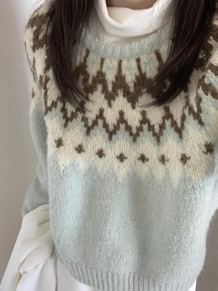 

Женский вязаный кардиган Lu Blue Fair Isle, повседневный, с эффектом высокого класса, в корейском стиле, стандартный крой, зимняя верхняя одежда