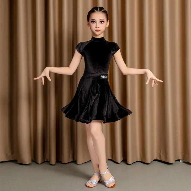 Children's Latin Dance Costumes Short Sleeves New Velvet Summer Autumn Practice Grade Test Competition Regulations