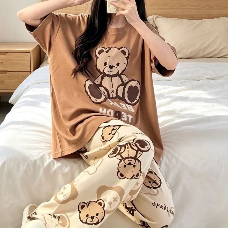 Women Bear Graphic Pajama Set, Oversized Short Sleeve Tee & Print Long Pants, Breathable Casual Home Nightwear Suit