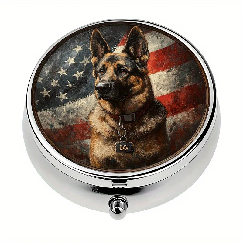 1 patriotic German Shepherd themed pill box, with 3 compartments, mini pill container, pill organizer, a unique gift for dog lovers