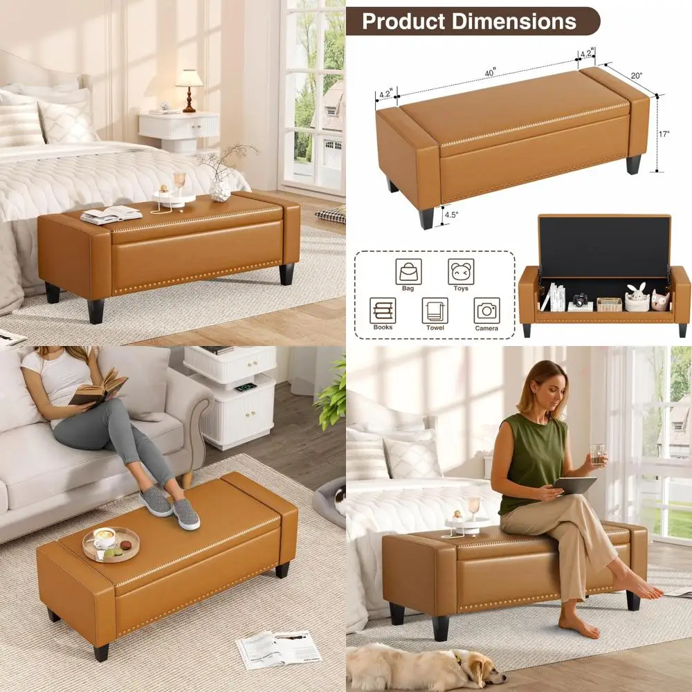 Brown Faux Leather Storage Ottoman Bench with Lift Top for Bedroom and Living Room