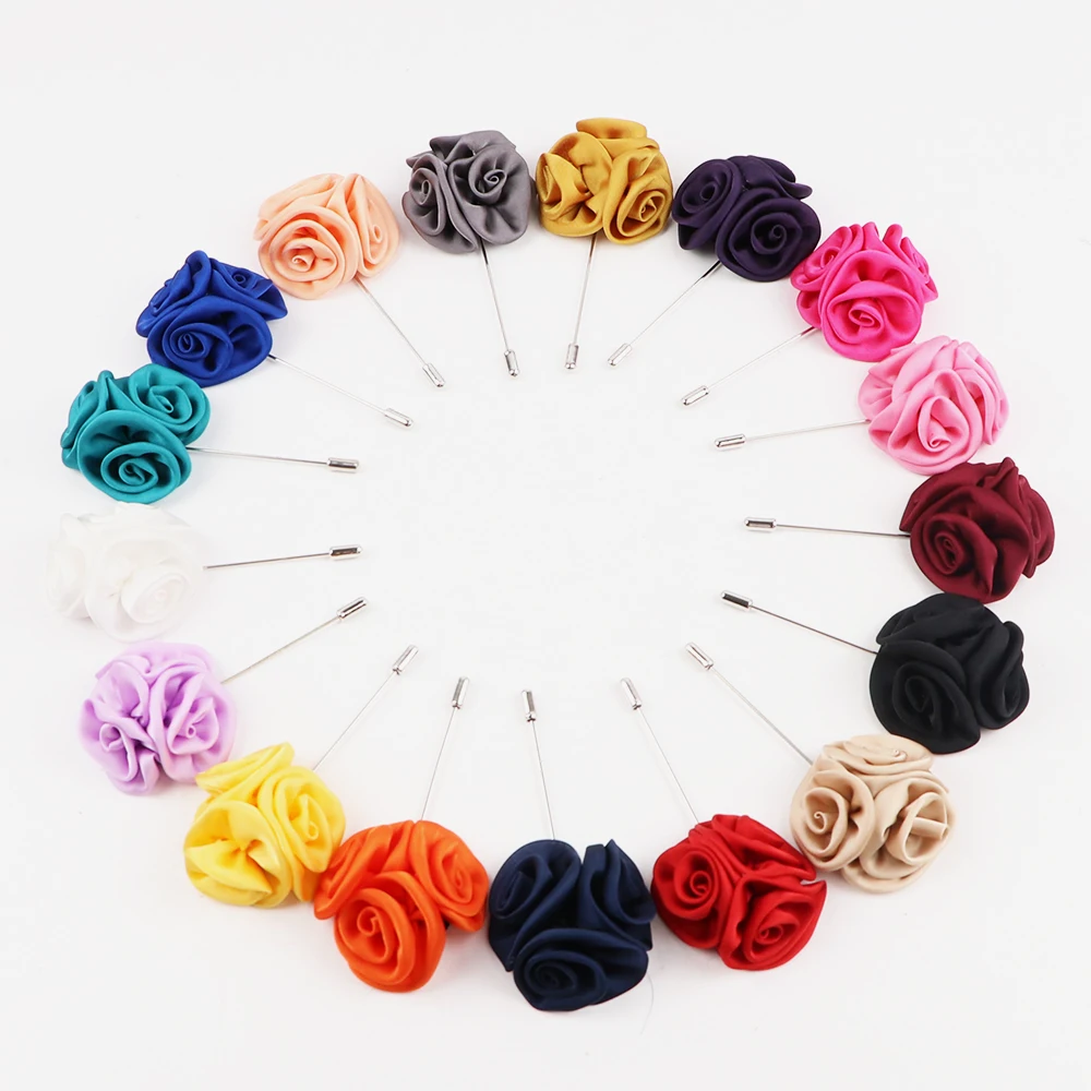 17 Color Men's Handmade Brooches Floral Lapel Pin for Men Suit Long Neddle Fabric Flower Brooch Pins for Wedding Accessory Gifts