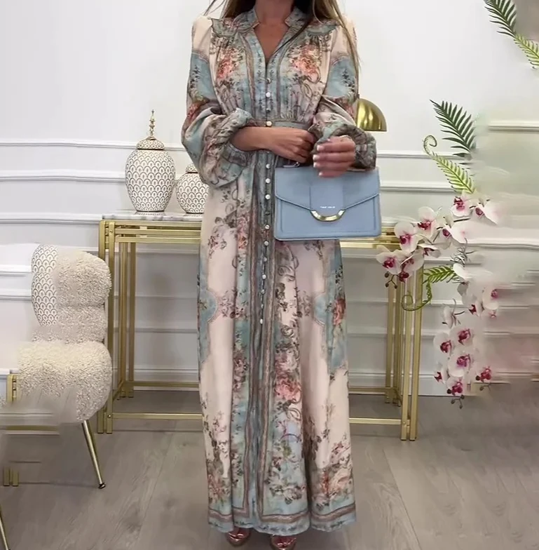 Abito lungo da sera da sera con stampa floreale retrò da donna, manica lunga a sbuffo, scollo a V, abbottonato, elegante abito lungo da festa