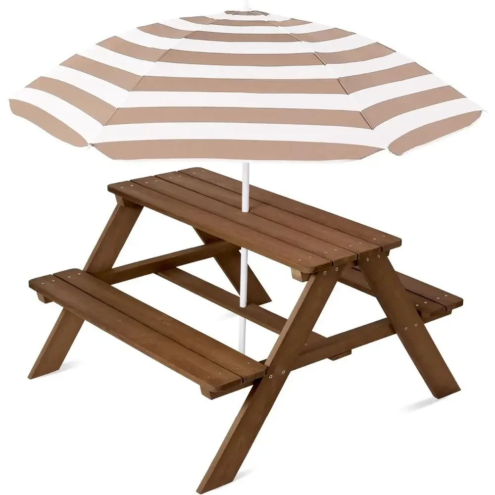 Durable Wooden Picnic Table for Kids with Umbrella and Built-in Benches, 220 lbs Capacity per Bench, Walnut/Beige