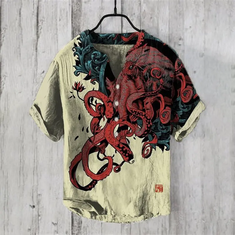 

Henry Shirt - Men's Short Sleeve Linen Shirt Tops New Arrival Summer Casual T-Shirt Octopus Graphic Print Fashion Clothing Europ