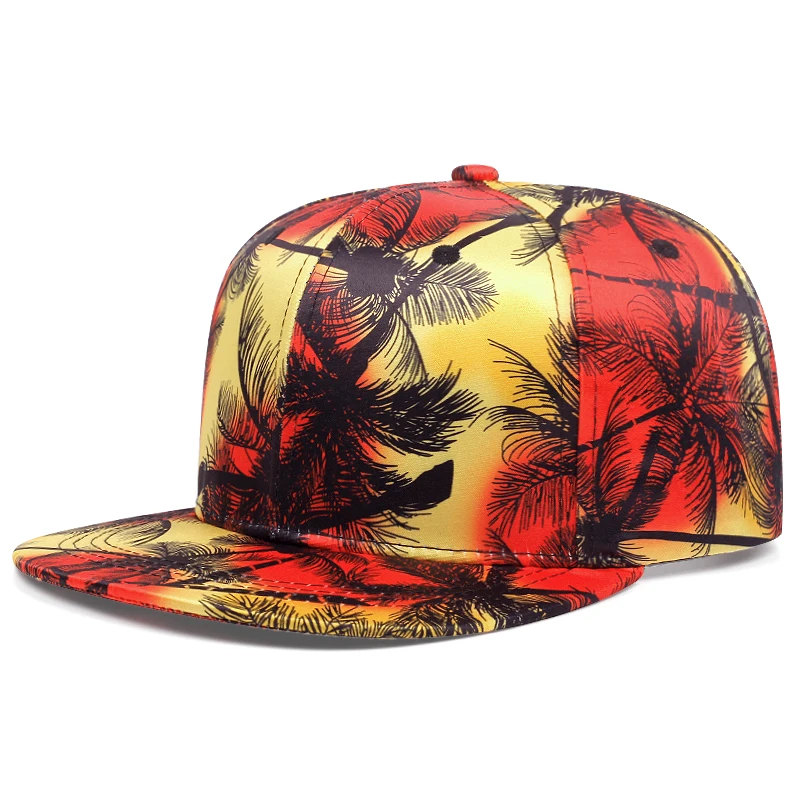 Men\'s Fashion Hip Hop Blue Coconut Tree Hat Brim Adjustable Baseball Hat Straight Buckle Snapback Cap Outdoor Sun Hat