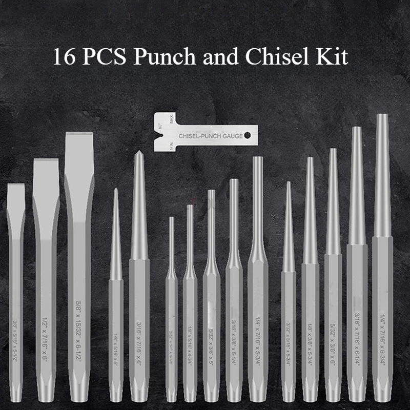 16pcs Punch and Chisel Set Taper Punch Pin Punch Cold Chisel Gauge CR-V Chisel Bits Portable Hexagonal Shank Fitter Tool Kit