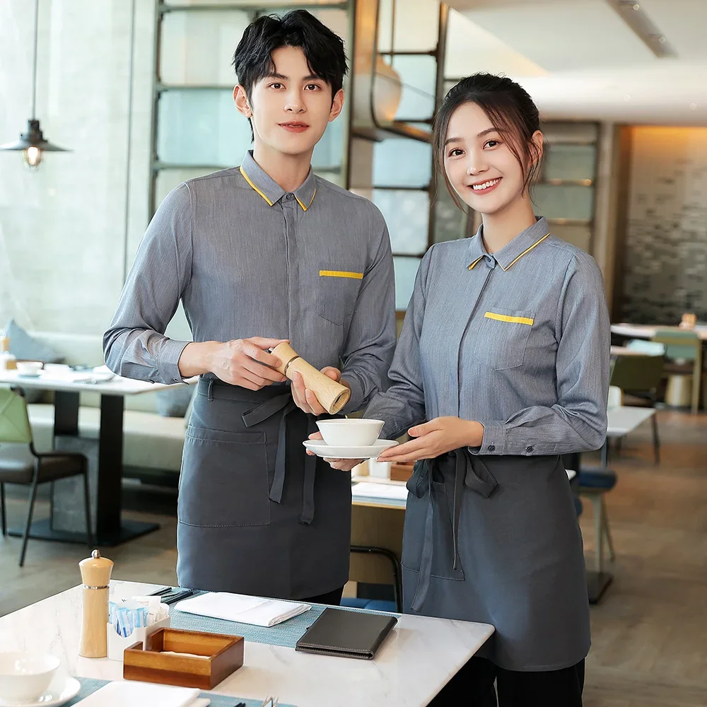 Hotel Work Clothing Sets Women&Men Fast Food Restaurant Waiter Uniforms Top+Apron 2pcs Western Hotel Workweartaurant