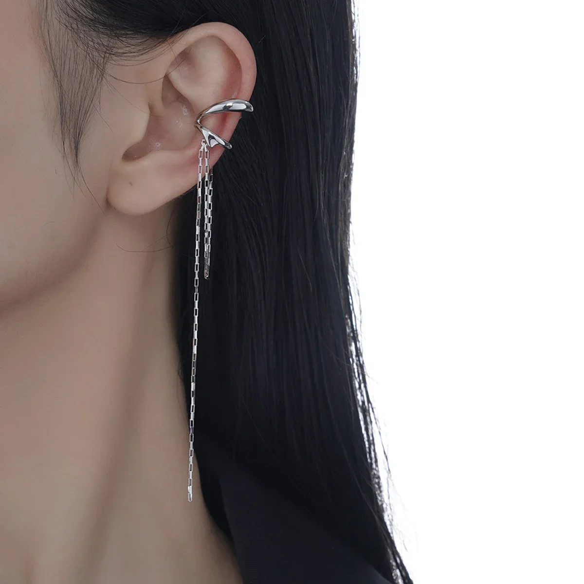 Platinum Letter C Earrings, Tassel Chain Earrings, Cuffs, False Perforated Artificial Ear Clips, Women's Korean Fashion Jewelry