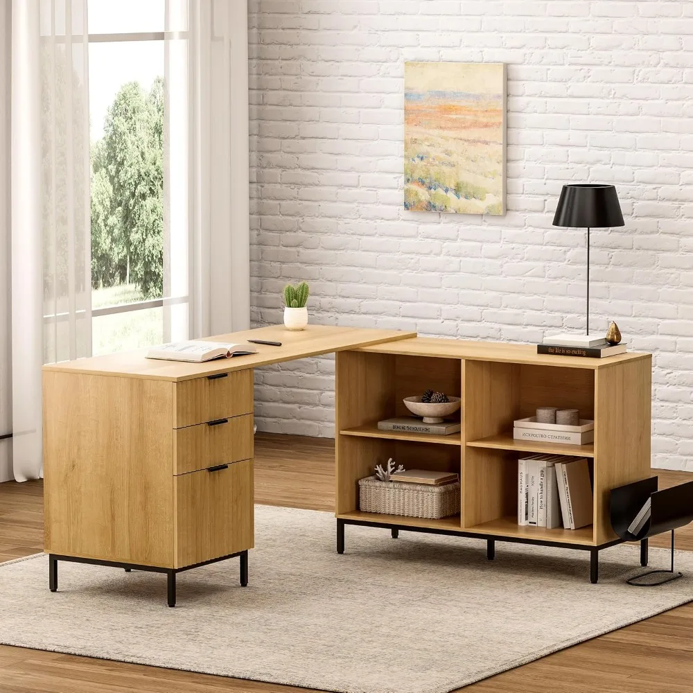 

60" L Shaped Fluted Desk, Computer Desk with Movable Storage Cabinet Home Office Desk with 3 Drawers Metal Legs Corner Desk for
